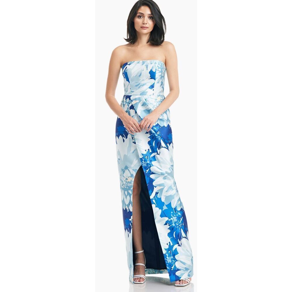 Kay Unger Strapless Blue and White Floral Wedding Gown with Front Slit